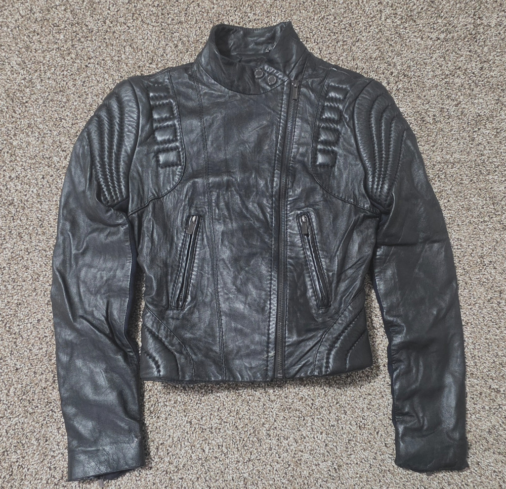 BCBGMAXAZRIA Leather Moto Biker Jacket Ribbed Knit Panels Padded Shoulder Black